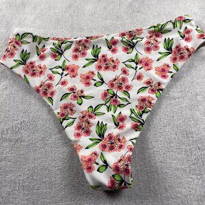Women’s bikini bottoms, featuring a bright, feminine pink‑and‑green floral print